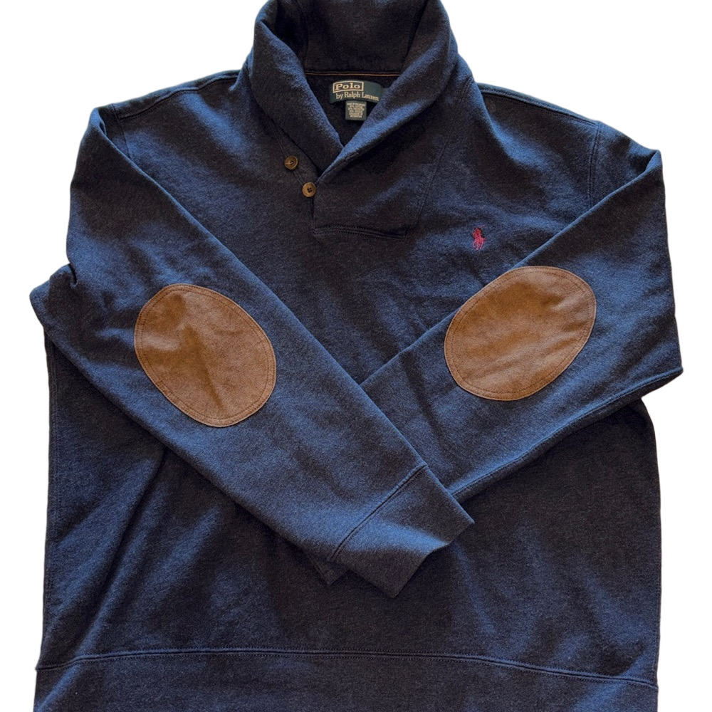 Polo Ralph Lauren Mens XL Shawl Collar Sweatshirt Blue Elbow Patch Pullover - Picture 3 of 4